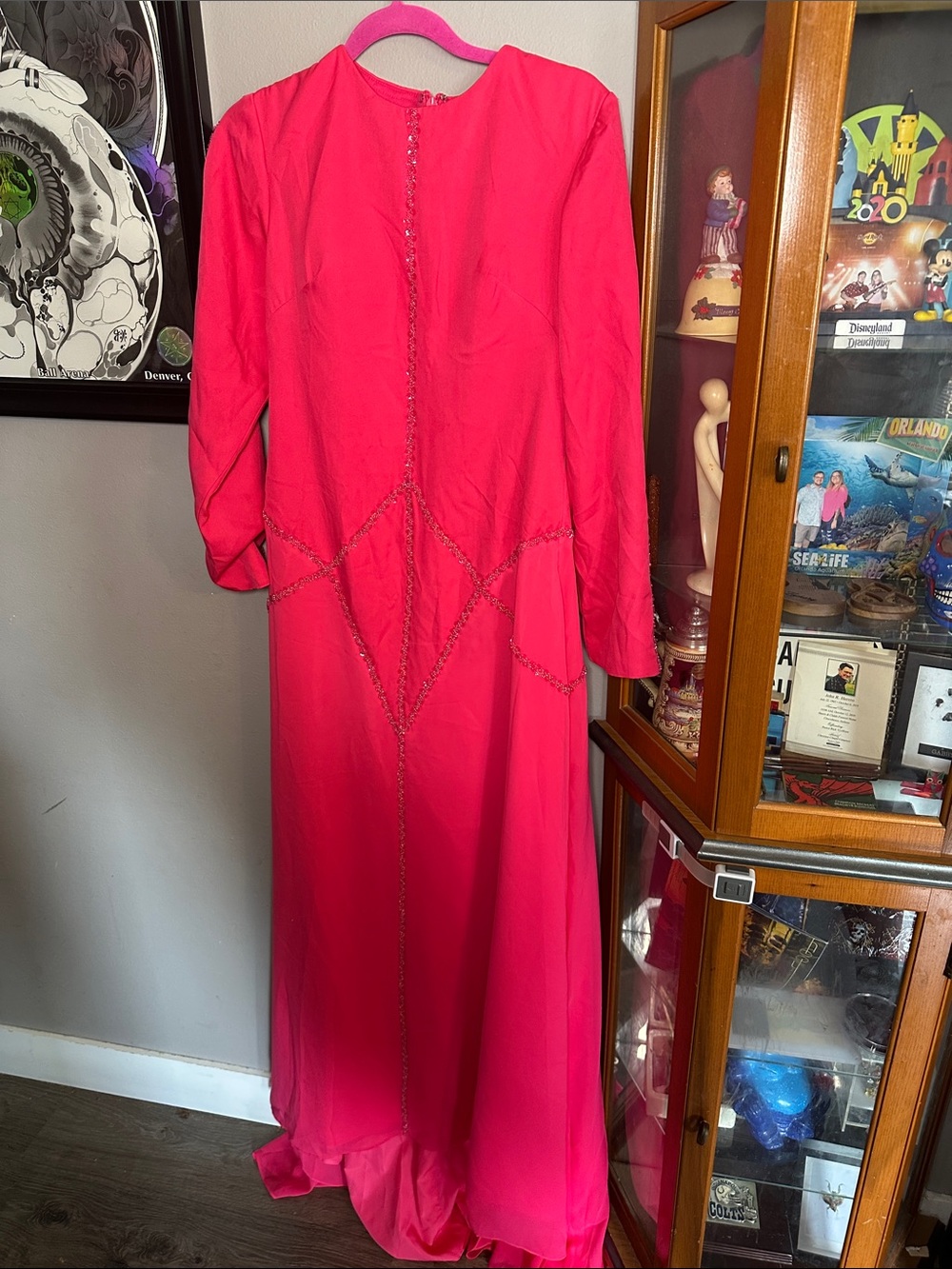 Long Sleeve Fuchsia Maxi Dress with Beaded Trim